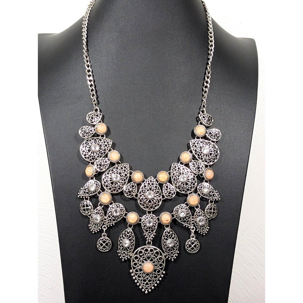 Beachy Coastal Bali Style Open Work Silver Tone Bib Statement Necklace Peach 23"